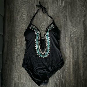 Kenneth Cole Black Beaded Swimsuit Size small
